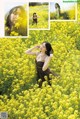 A woman in a field of yellow flowers.